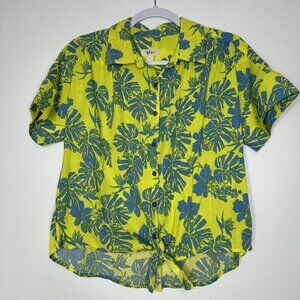 Style Co Shirt Button up Yellow Blue Floral Hawaiian Tropical Size L Tie Waist